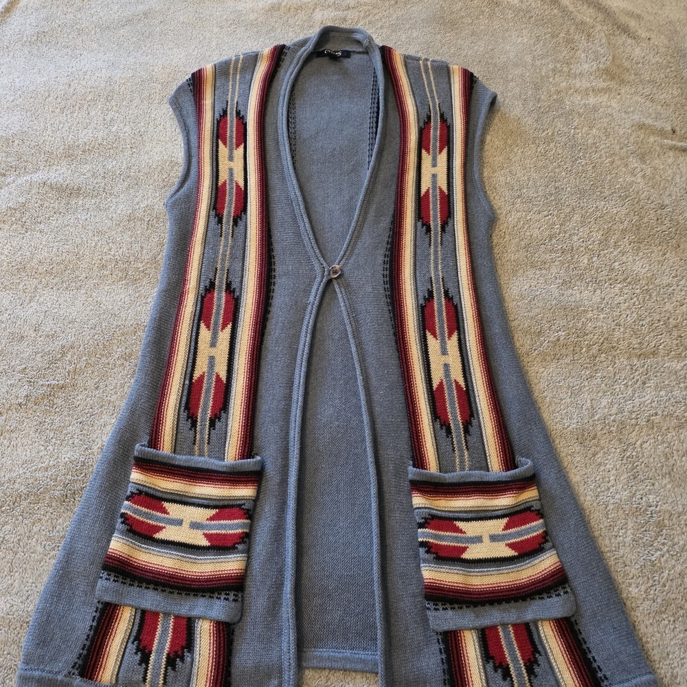 Chaps Women Southwest Sweater Vest Medium Long Cardigan Open‎ Knit Aztec Print